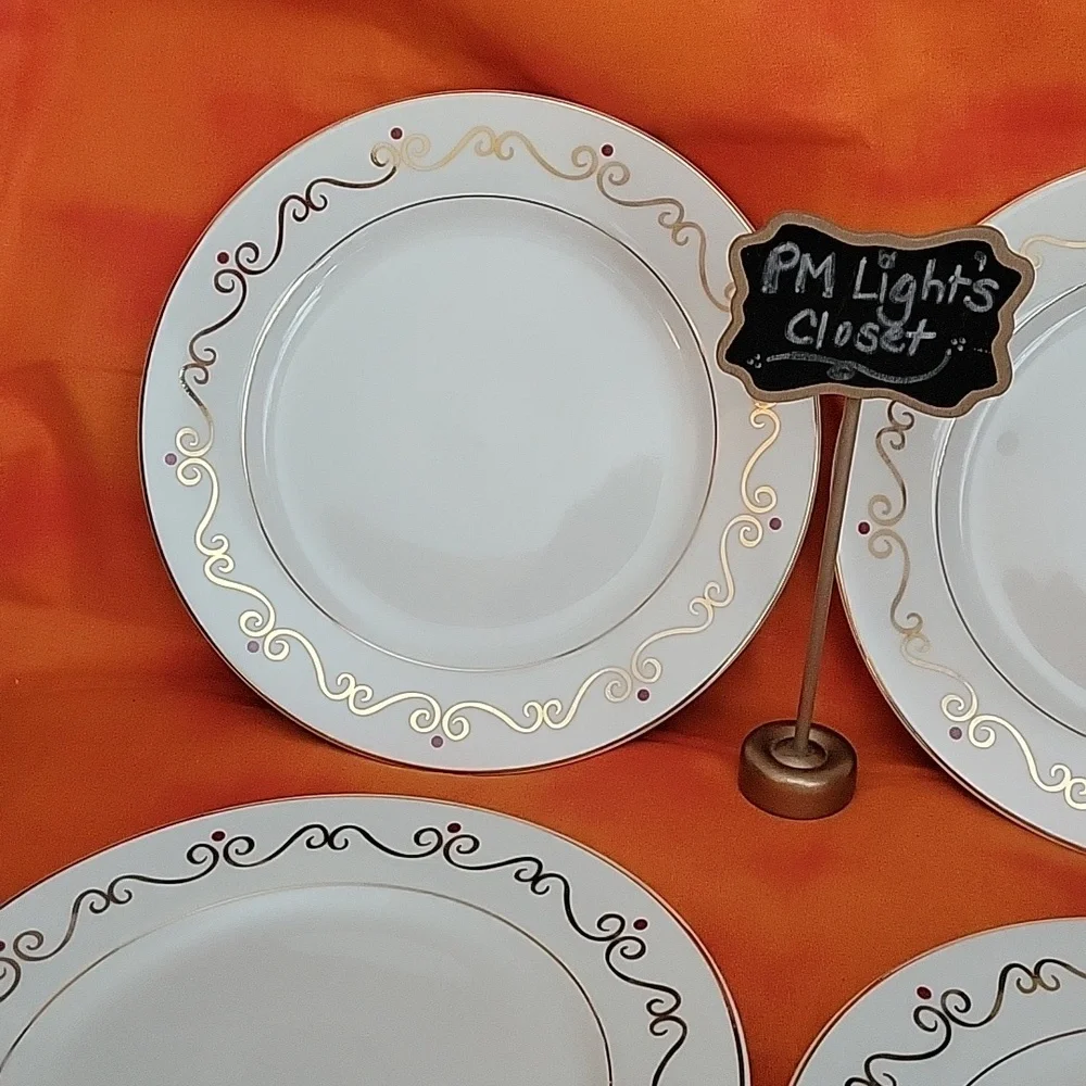 Pier 1 Set of 4 Holiday Scroll Salad Plates Gold Rimmed Ivory Red Dot